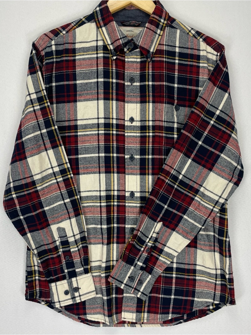 Weatherproof Vintage Flannel Shirt Mens M Red Beige Plaid Herringbone Tweed SOFT
